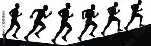 Black silhouette of a man running uphill in multiple stages of motion vector