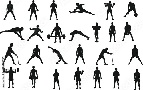 Black silhouettes of men performing various fitness exercises and sports activities