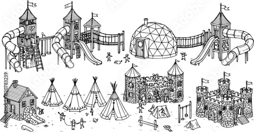 A collage of black silhouette icons depicting various playground equipment and children playing