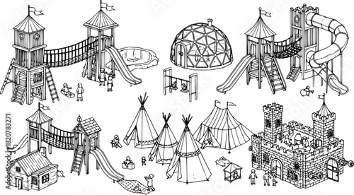 A collage of black silhouette icons depicting various playground equipment and children playing