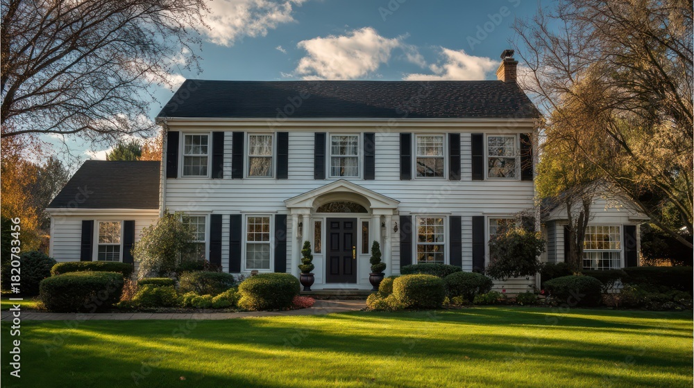 Fototapeta premium A two-story Colonial house with white siding and dark shutters The front yard is meticulously landscaped and the