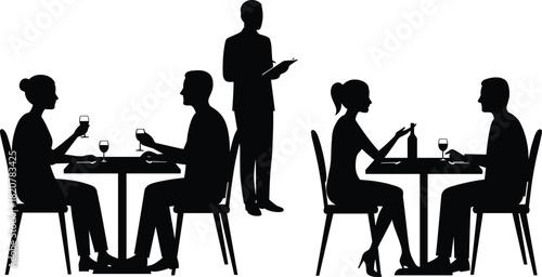 Black silhouettes of people dining at tables and a waiter taking an order in a restaurant