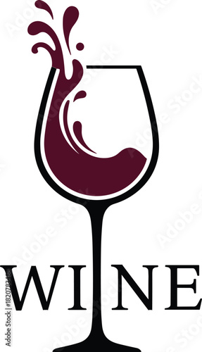 Black wine glass with splashing dark red wine and text W I N E splashing wine liquid splash
