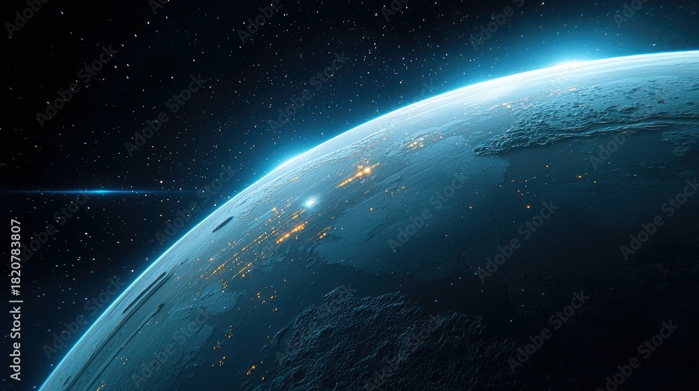 Obraz premium A view of planet Earth from space, showing the curvature of the planet with glowing city lights visible on the surface. The background is a dark sky filled with