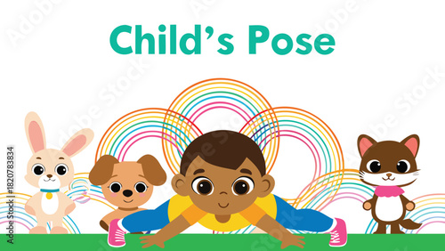 Child in yoga pose surrounded by adorable cartoon animals