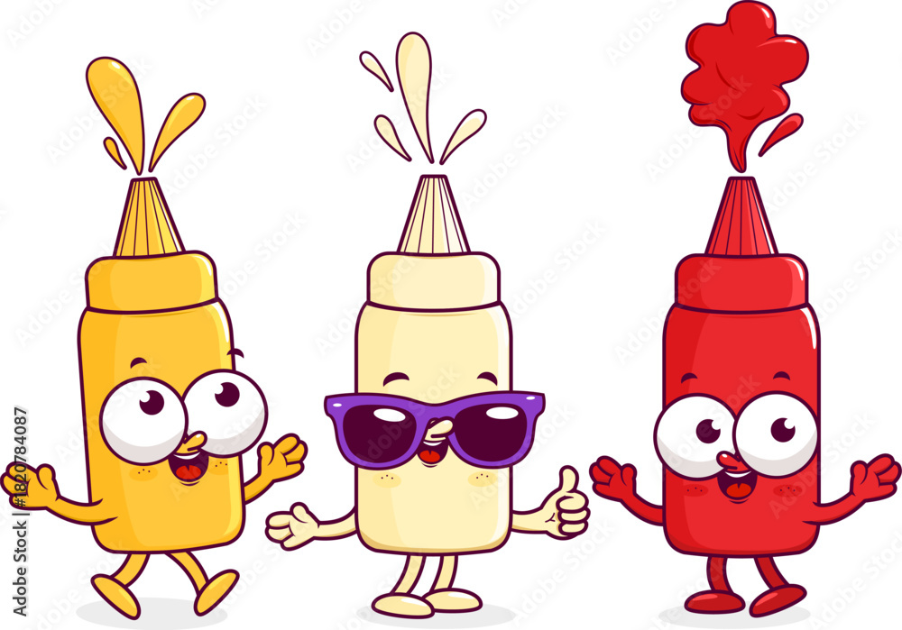 Fototapeta premium Cartoon bottles of tomato ketchup, mayonnaise and mustard for hot dog. Cute mayo, mustard, tomato ketchup condiment. Bottles of fast food sauce. Vector illustration