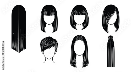 Collection of black and white graphic hairstyles and hair types haircut illustration