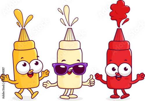 Cartoon bottles of tomato ketchup, mayonnaise and mustard for hot dog. Cute mayo, mustard, tomato ketchup condiment. Bottles of fast food sauce. Vector illustration