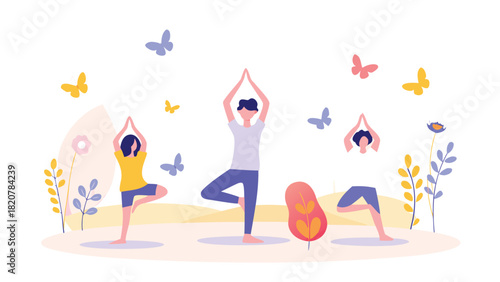Children practicing yoga at sunrise in a meadow with butterflies