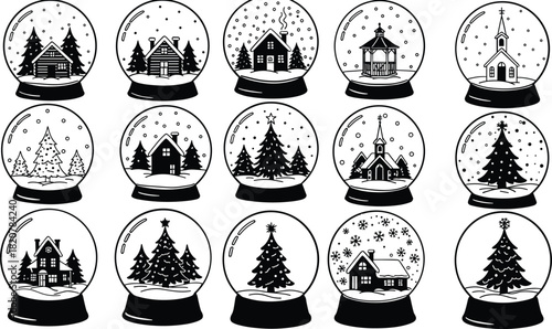 Collection of black and white winter scene snow globes with houses trees and churches
