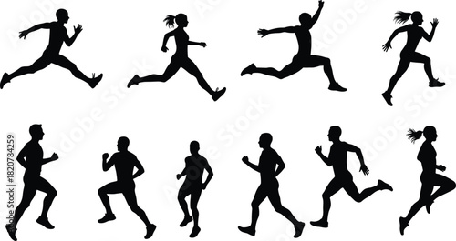 Collection of black human silhouettes in various running and jumping poses woman