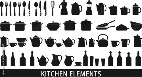 Collection of black kitchenware silhouettes including cutlery pots kettles cups bottles and glasses