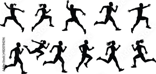 Collection of black running silhouettes of men and women in various dynamic poses