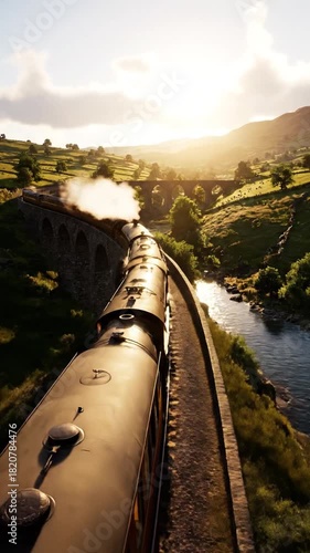 Steam train travels across a stone bridge through a countryside landscape