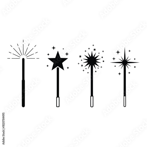 Collection of four stylized magic wands with sparkling effects