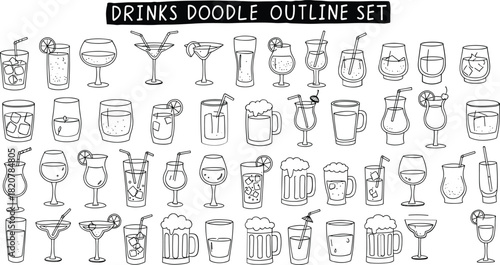 Collection of hand drawn outline beverage icons in various glasses drink cocktail