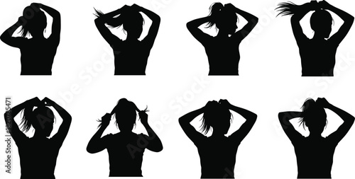 Eight black female silhouettes tying ponytails on white background woman hair