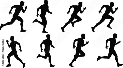Eight black silhouettes of men running in various dynamic poses on a white background