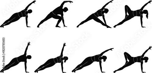 Eight Black Silhouettes of People Performing Various Yoga Poses on White Background