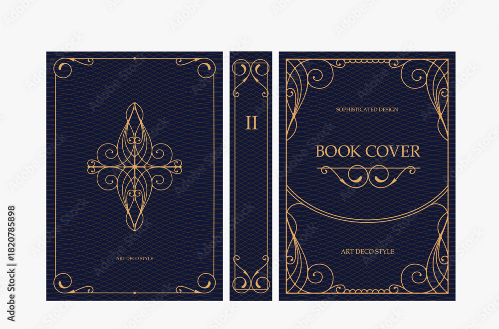 Fototapeta premium Classic vintage book cover and spine with gold and black art deco, art nouveau ornament, decorative frame, elegant retro style for classic publications, posters, artistic layouts