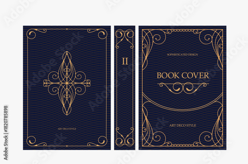 Classic vintage book cover and spine with gold and black art deco, art nouveau ornament, decorative frame, elegant retro style for classic publications, posters, artistic layouts