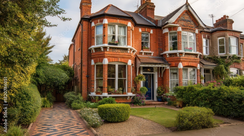 Obraz premium A Victorian semi-detached home with red brick exterior bay windows and tiled pathway complemented by manicured front hedges