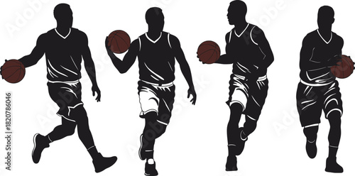 Four Black Silhouette Basketball Players In Motion With Brown Basketballs sport
