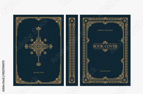 Classic vintage book cover and spine with gold and black art deco, art nouveau ornament, decorative frame, elegant retro style for classic publications, posters, artistic layouts