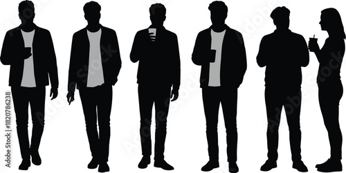 Group of diverse people silhouettes in black with light grey t shirts holding drinks