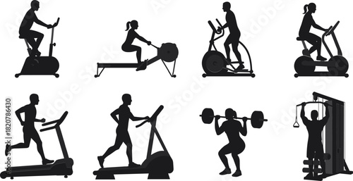 Silhouettes of people exercising on various gym equipment fitness exercise
