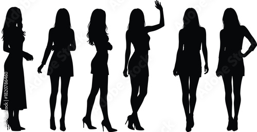 Six black female silhouettes in various poses and outfits woman person