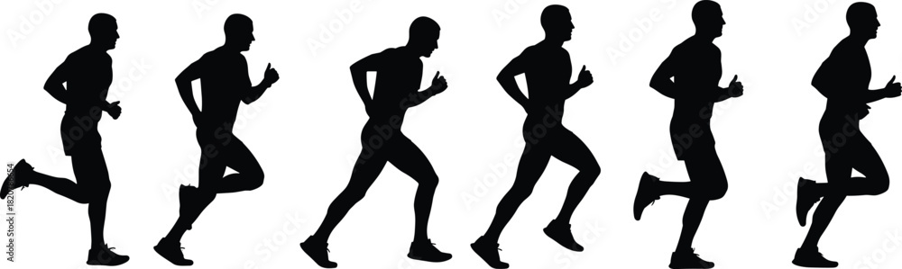 Obraz premium Six black silhouettes of men running in profile on a white background runner male