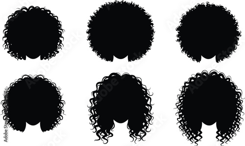 Six black silhouettes of afro hairstyles with curly textures vector