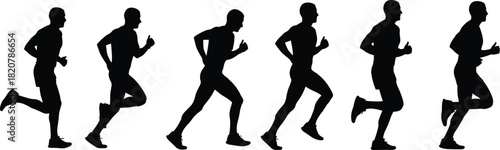 Six black silhouettes of men running in profile on a white background runner male