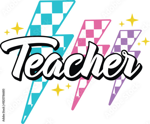 Retro teacher lightning bolt graphic with checkerboard pattern