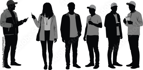 Six Silhouetted People Standing Holding Drinks and Phones on White Background group