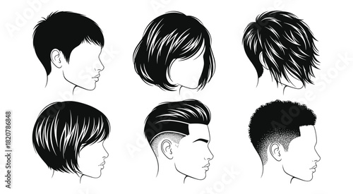 Six Stylized Black And White Head Silhouettes With Diverse Hairstyles profile view