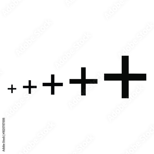 Series of black plus signs increasing in size on a white background