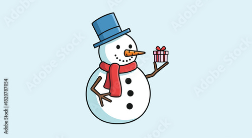 Snowman Holding a Tiny Gift Box Pastel Color Tones Flat Vector Bold Outlines