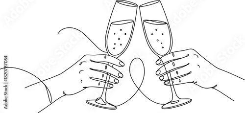Two hands holding champagne glasses clinking together with bubbles toasting celebration