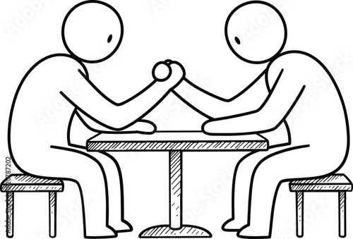 Two simplified figures arm wrestling over a table on stools competition strength