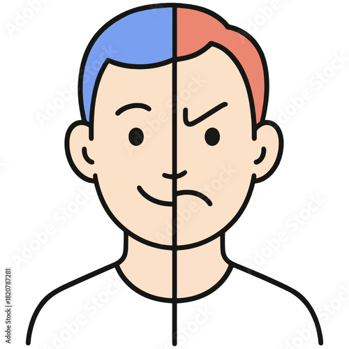 Split Emotions Bipolar Disorder a face divided into happy and sad expressions, symbolizing mood swings, bipolar disorder, and emotional contrast