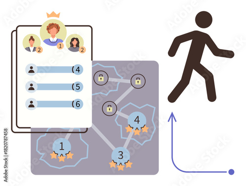 Leaderboard with ranked profiles, network with locked goals and ratings, and ascending figure indicating user progress. Ideal for gaming, competition, team tasks, gamification, career growth