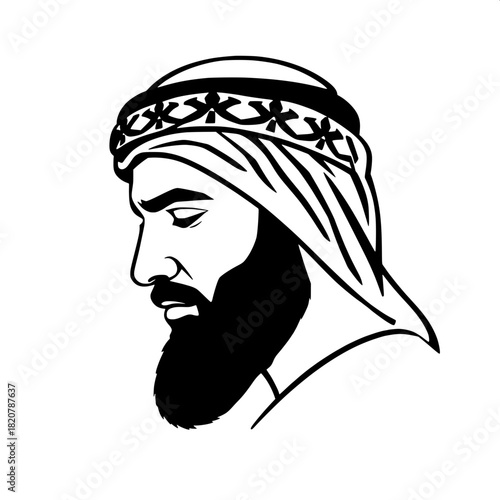 Graphic vector silhouette of a bearded Middle Eastern man in side view, with a sharply defined facial structure, prominent nose, and strong jawline, wearing a traditional cap on his head, clean lines 