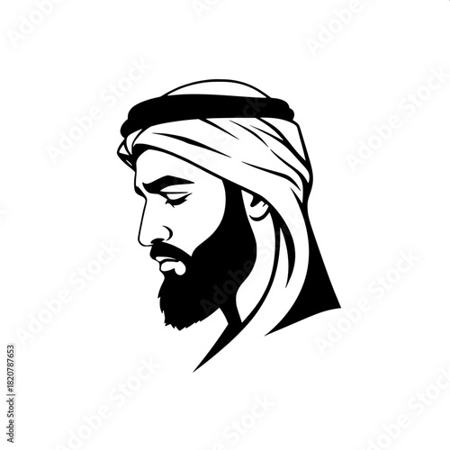 Graphic vector silhouette of a bearded Middle Eastern man in side view, with a sharply defined facial structure, prominent nose, and strong jawline, wearing a traditional cap on his head, clean lines 