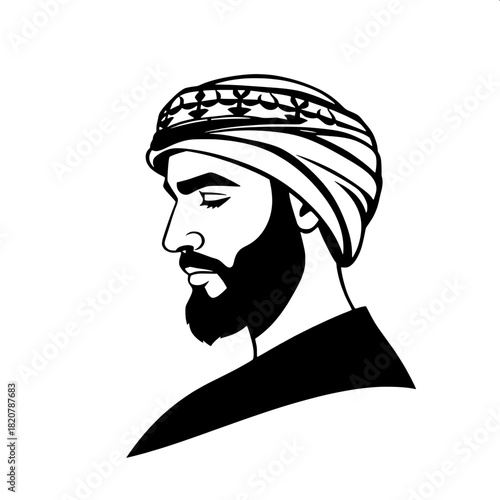 Graphic vector silhouette of a bearded Middle Eastern man in side view, with a sharply defined facial structure, prominent nose, and strong jawline, wearing a traditional cap on his head, clean lines 