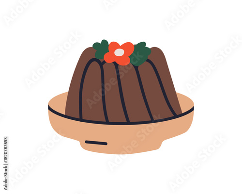 Chocolate pudding dessert. Traditional sweet holiday treat served on plate. Soft baked pastry, bundt cake, choco bakery, Christmas patisserie. Flat vector illustration isolated on white background
