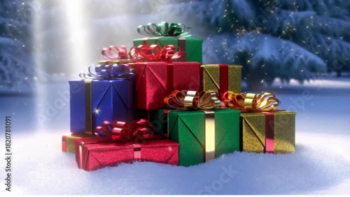Christmas holiday celebration with golden bow ribbon gifts and green tree ornaments for the new year season