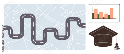 Curved road over map, graduation cap, and bar chart. Ideal for education, career planning, progress, milestones, achievement growth data analysis. Simple flat metaphor