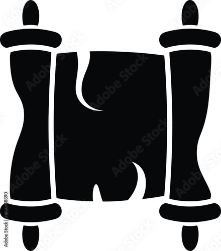 Vector black silhouette of an unrolled scroll with torn edges, symbolizing history, knowledge, and old documents, isolated on white background
